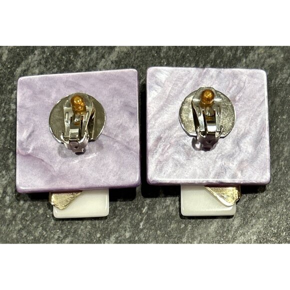 Vintage Modernist 80s Purple White Gold Tone Large Clip On Earrings - Picture 3 of 3